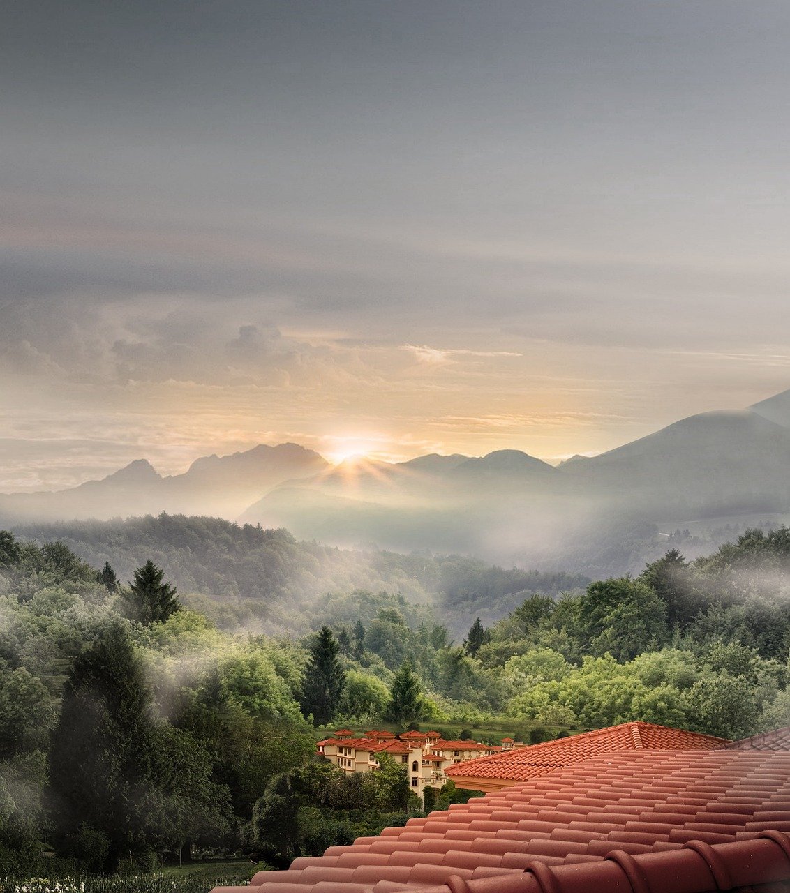 garden, house, villa, landscape, nature, sunset